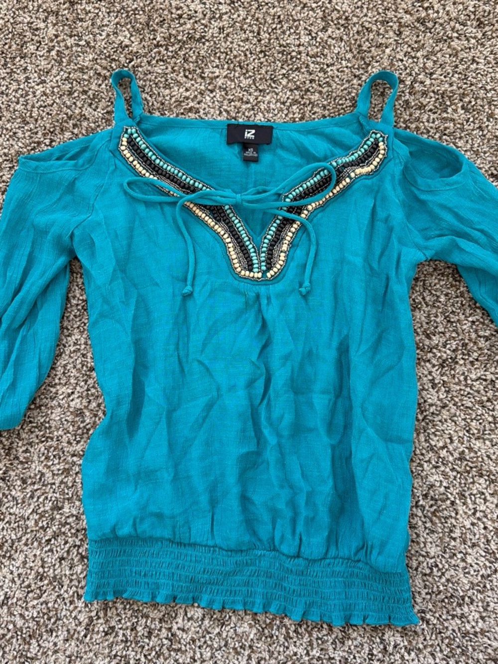 Iz Byer Teal Beaded Cold-Shoulder Tunic